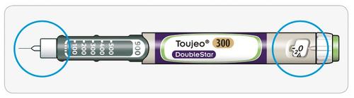 Penna iniettabile Toujeo DoubleStar con numeri di dosaggio 200-500 e cerchi blu che indicano le aree di regolazione