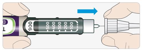 Penna iniettabile nera tenuta da due mani con freccia blu che indica la direzione e scala graduata visibile