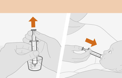Mano che tiene una siringa graduata sopra un bicchiere e poi che somministra il farmaco oralmente ad un neonato con frecce direzionali