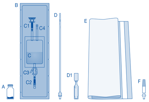 Dispositivo medico con serbatoio A, pompa C con componenti C1, C2, C3, C4, tubicino D con connettore D1 e sacca flessibile F con ago
