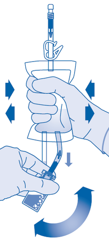 Mano che afferra il dispositivo autoiniettore con frecce blu che indicano la rotazione e la pressione verso il basso