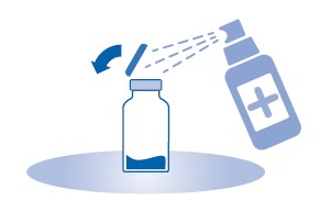 Flacone spray blu con croce bianca spruzza liquido su una fiala di vetro trasparente su base azzurra