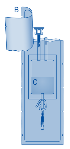 Sacchetto endovenoso con connessione a dispositivo di infusione e serbatoio interno contrassegnato dalla lettera C