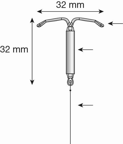 Dispositivo intrauterino a forma di T con dimensioni indicate di 32 mm in larghezza e altezza e fili pendenti