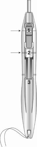Penna autoiniettante con numeri che indicano le sezioni 1, 2 e 3 e un filo sottile che esce dalla punta