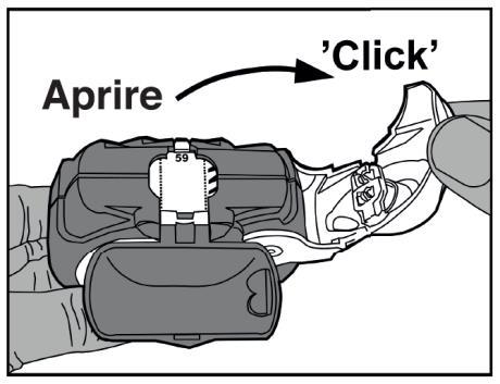 Dispositivo autoiniettante con indicazione freccia e scritta "Aprire" e "Click" per segnalare l