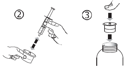 Mano che inserisce un ago in un tappo di flacone medicinale con freccia indicante la direzione