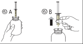 Fiala di vetro tenuta da una mano con ago inserito e siringa che aspira il liquido con freccia direzionale