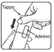 Mano che rimuove il tappo protettivo da un dispositivo medico con adesivo trasparente applicato