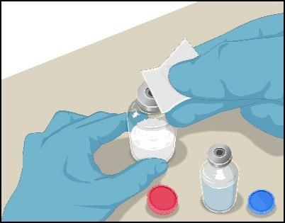 Mani con guanti blu che puliscono il tappo di un flacone con un tampone bianco e due tappi colorati rosso e blu sono visibili