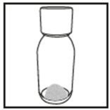 Fiala di vetro trasparente con polvere bianca sul fondo e tappo superiore cilindrico