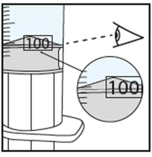 Siringa trasparente con scala graduata fino a 100 unit&agrave;, ingrandimento che mostra il dettaglio della graduazione e indicazione del volume