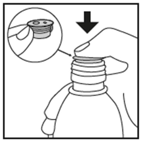 Mano che svita il tappo a vite da un flacone medicinale con freccia che indica la direzione di rotazione