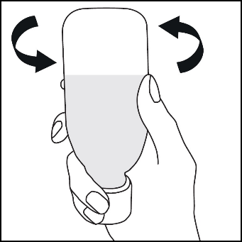 Mano che ruota un flacone medicinale trasparente con liquido grigio e due frecce curve nere che indicano il movimento