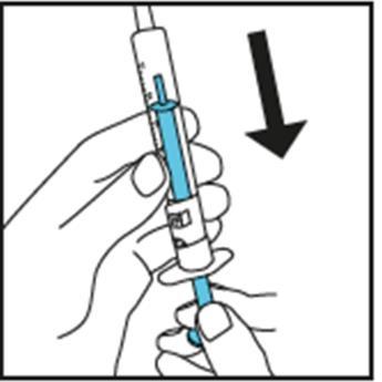 Mano che tiene una penna per iniezione blu con ago inserito, freccia nera indica la direzione di pressione del dispositivo