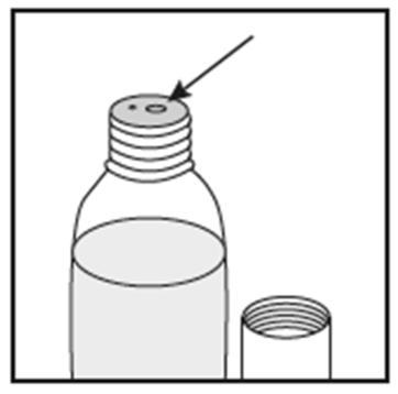 Flacone di medicinale con tappo a vite e freccia che indica la parte superiore del tappo rimosso vicino al tappo stesso