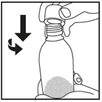 Fiala di vetro con polvere bianca alla base e tappo avvitabile, freccia nera che indica la rotazione per l
