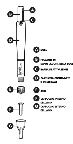 Penna iniettabile con indicazioni di dose A, pulsante B, impostazione dose C, cartuccia D, ago E, cappuccio interno F e cappuccio esterno G