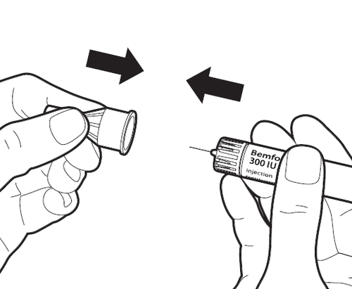 Mano che tiene un dispositivo per iniezione precompilato Bemfo 300 IU con frecce che indicano la direzione di utilizzo