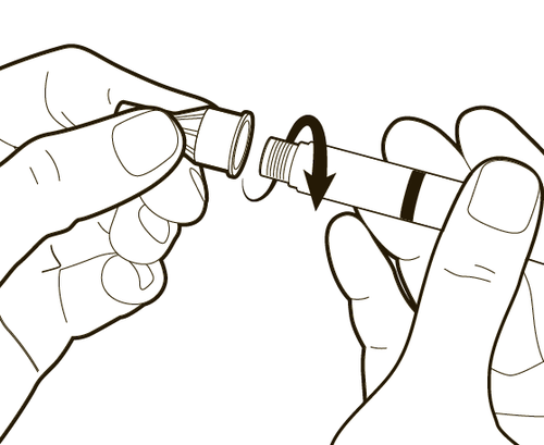 Mano che avvita un cappuccio protettivo su un cilindro medicinale con freccia che indica la rotazione