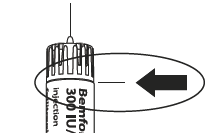 Fiala di Bemfo 300 IU/ml con ago collegato e freccia nera che indica il punto di iniezione circondato da un ovale