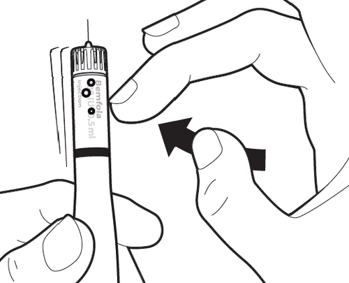 Siringa pre-riempita Bemfola 0,5ml con ago, tenuta da una mano e pronta per l