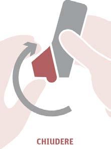 Mano che ruota un dispositivo grigio e rosso con una freccia curva e la scritta