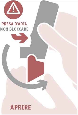 Dispositivo medico grigio con ago rosso inserito in una mano stilizzata freccia curva indica apertura e avviso di non bloccare l