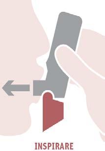 Inalatore grigio e rosso tenuto in mano con freccia che indica l