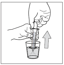 Mano che tiene una siringa pre-riempita sopra un bicchiere con liquido, freccia direzionale indica l