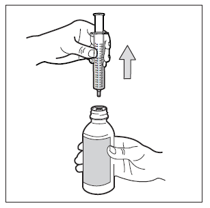 Mano che tiene una siringa sopra un flacone medicinale con una freccia bianca che indica la direzione verso il basso