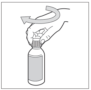 Mano che svita il tappo di una bottiglia di farmaco liquido con freccia che indica il movimento rotatorio