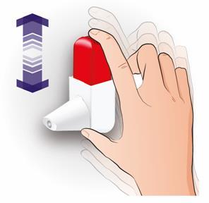 Mano che preme un inalatore bianco e rosso con freccia blu che indica la direzione di attivazione