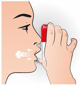 Profilo di una donna che inala un farmaco da un inalatore bianco e rosso con frecce che indicano il flusso d