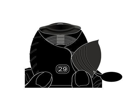 Dispositivo inalatorio nero tenuto da una mano con parte superiore apribile e bocchino visibile numero 29