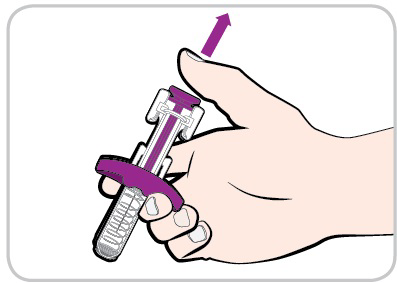 Mano che tiene un autoiniettore con meccanismo di attivazione viola e cilindro trasparente graduato