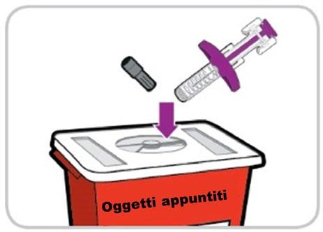 Siringa con ago viola sopra un contenitore rosso per oggetti appuntiti con freccia verso il basso