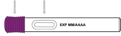 Provettino da laboratorio trasparente con tappo a vite viola e indicatore di scadenza EXP MM/AAAA stampato lateralmente