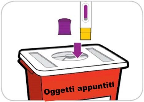 Dispositivo medico con finestra di visualizzazione e rilascio di liquido viola su contenitore rosso per oggetti appuntiti