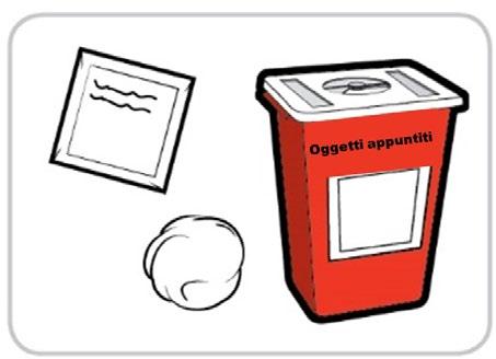 Contenitore rosso per oggetti appuntiti con scritta bianca, foglio di carta accartocciato e un blocco note aperto vicino