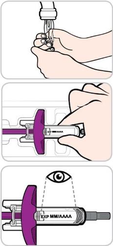 Mani che preparano una siringa preriempita con ago protetto, verificando la data di scadenza e controllando visivamente il contenuto