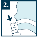 Profilo di una bocca con spruzzo nasale applicato, freccia nera indica la direzione e numero 2 in cerchio blu in alto a sinistra