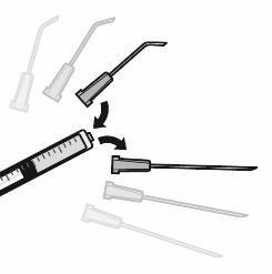 Siringa con stantuffo graduato e tre aghi intercambiabili in diverse fasi di connessione mostrate da frecce curve