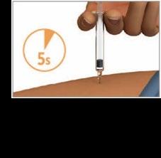 Mano che inietta farmaco sottocute con siringa, cerchio arancione con scritta 5s, pelle color pesca e ago inserito