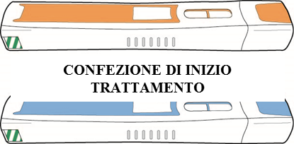 Dispositivo medico penna per iniezione con due sezioni colorate arancione e bianca e indicatore di dose inferiore con scritta
