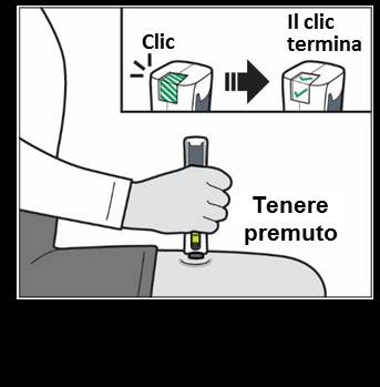 Mano che tiene e preme un dispositivo autoiniettante con indicazione del click di attivazione e conferma visiva