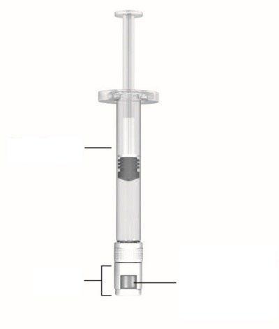 Siringa preriempita trasparente con stantuffo nero e indicatore di dose graduato con linee nere
