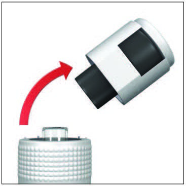 Dispositivo medico con tappo protettivo bianco parzialmente rimosso da un cilindro bianco con scanalature e freccia rossa indicante la direzione
