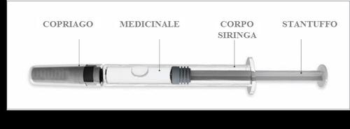Siringa preriempita trasparente con farmaco liquido rosa e stantuffo grigio su sfondo bianco con etichette esplicative