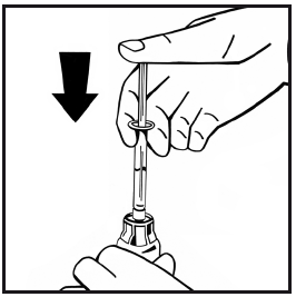 Mano che tiene una siringa preriempita con ago rivolto verso il basso e freccia nera indicante la direzione dell